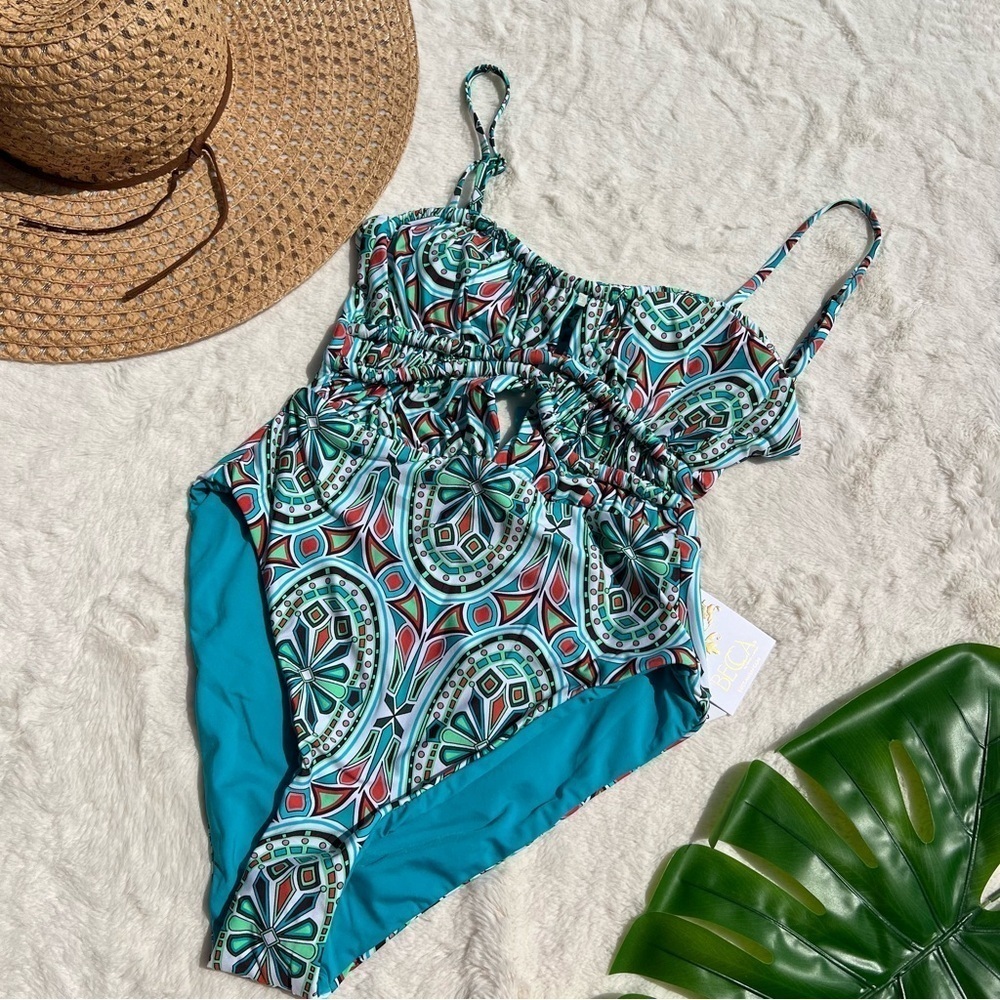 Becca Mosaic Print One Piece Swimsuit Cutout Front Adjustable S NWT - Picture 3 of 7